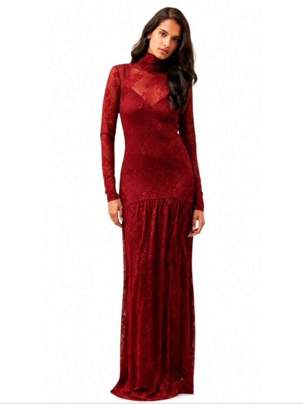 AFRM Amala High-Neck Long-Sleeve Stretch Lace Maxi Dress